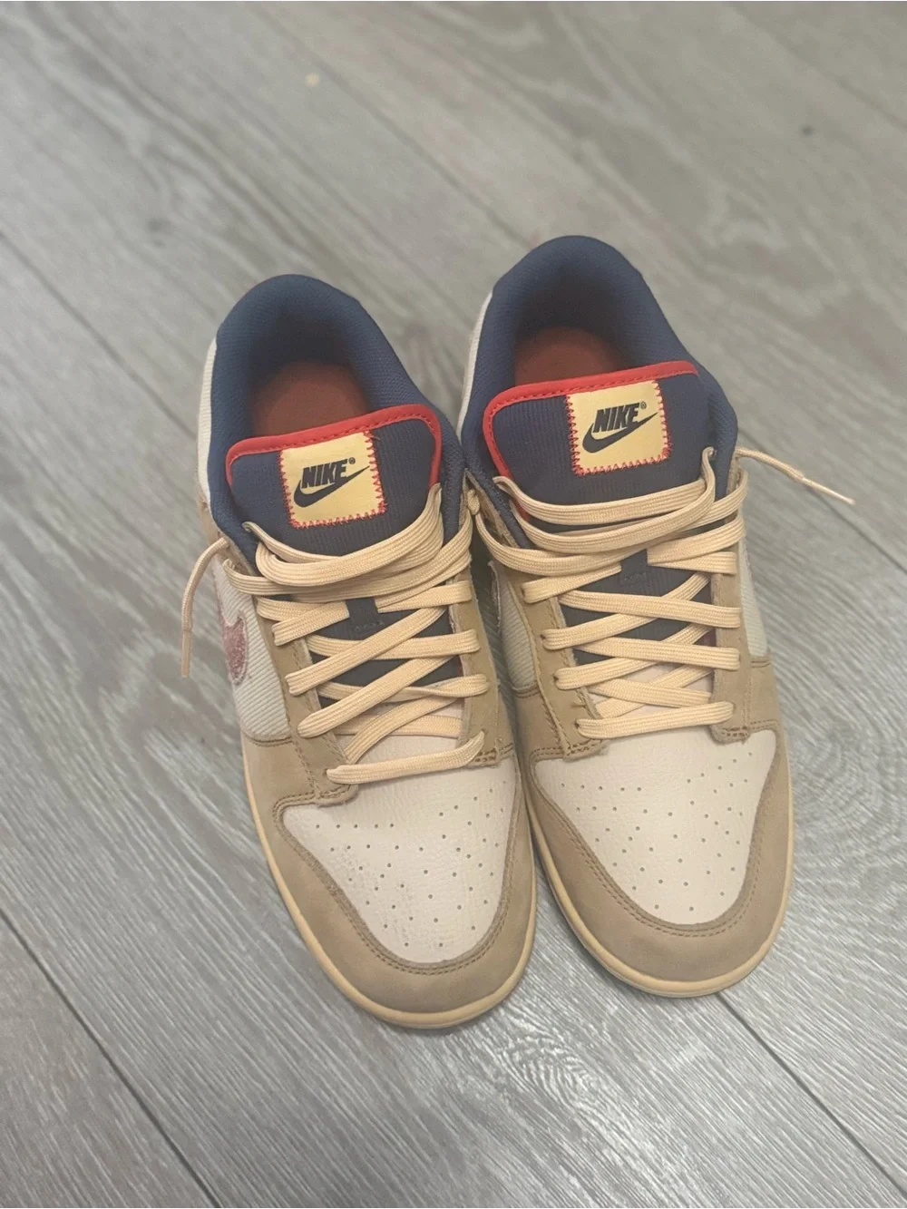 Nike Dunk Low Beige Red Navy Colorblock Leather Fabric Men’s